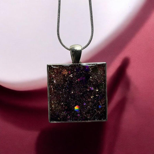 Square Pendant Necklace, Handmade Glitter Resin Jewelry