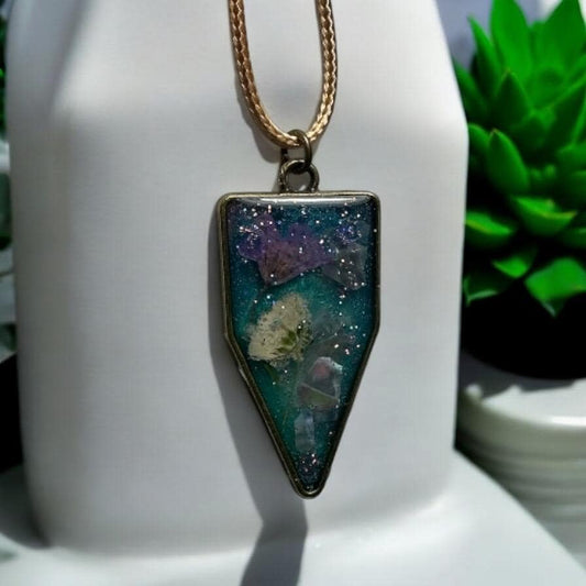 Triangle pendant vibrant floral glitter necklace