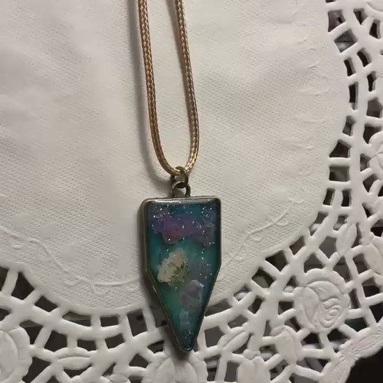 Triangle pendant vibrant floral glitter necklace