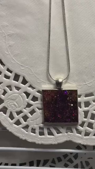 Square Pendant Necklace, Handmade Glitter Resin Jewelry